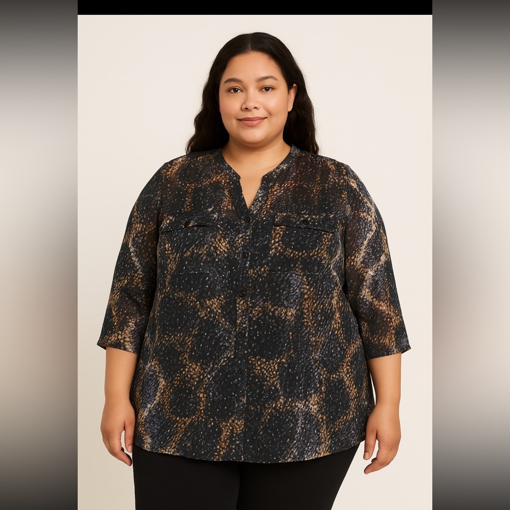 LYS Plus Size Sheer Black Printed Tunic Blouse 3X Snake Abstract Pattern